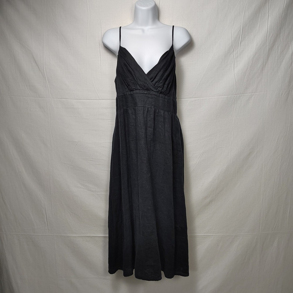 Gorgeous Vintage Y2k Black 100% Linen Empire Waist Midi‎ Sundress - size 6